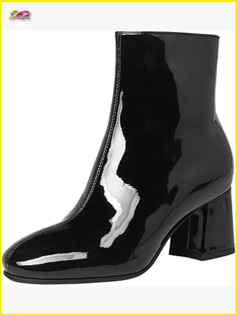Chunky Heeled Ankle Boots Patent Leather Square Toe Zip Up Block Heel Wide Calf